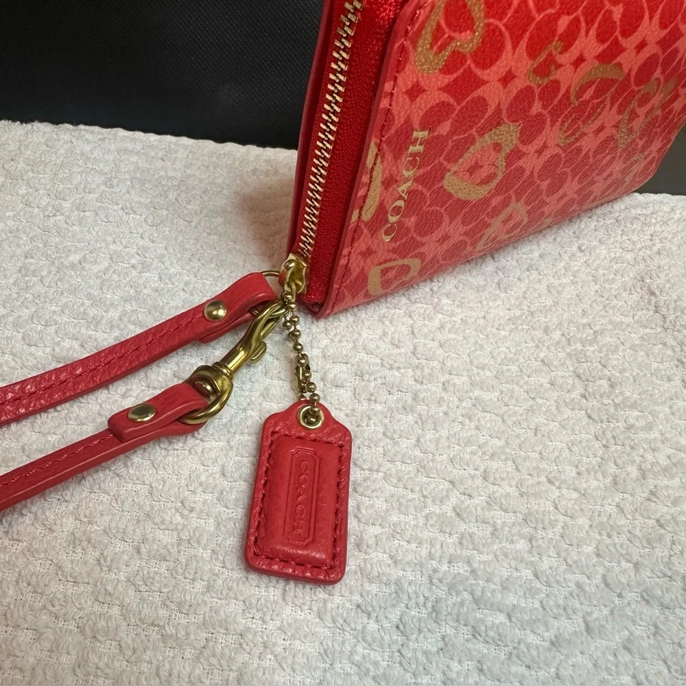 Coach Red Wristlet with Gold Heart Design - Picture 7 of 12